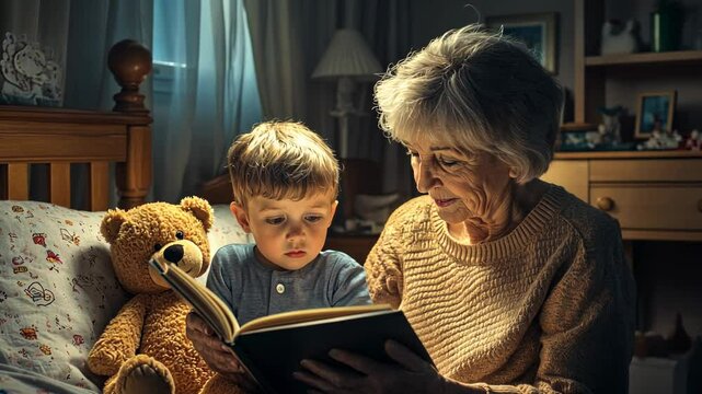 grandmother reading with her grandson and teddy bear in the bedroom, high-resolution photograph, stock photo for an advertising campaign.