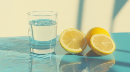 Refreshing glass of water beside vibrant lemons on a sunlit blue surface, evoking summer vibes