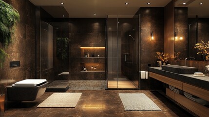 Modern bathroom interior featuring a sleek design with a shower, sink, and decorative plants