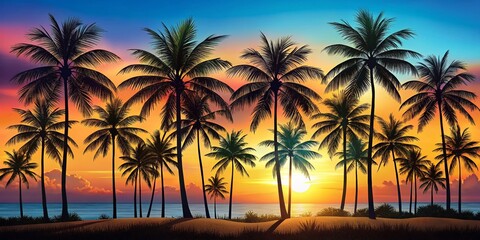 Obraz premium Panoramic Tropical Palm Tree Line Art: Elegant Minimalist Black and White Illustration