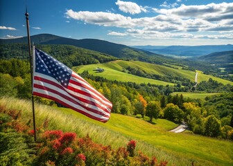 Panoramic Vermont Landscape: Waving American Flag, Green Mountains, Scenic View