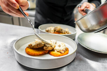 A chef skillfully plating a gourmet dish featuring sautéed chicken on a crispy potato base, topped with a creamy sauce. The kitchen setting highlights a focus on culinary art and presentation.
