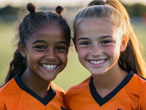 Two young soccer players smiling together during a practice session at sunset in a grassy field
