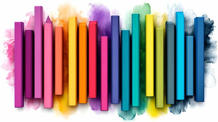 A vibrant display of colorful vertical bars against a watercolor backdrop, showcasing a lively and artistic design.