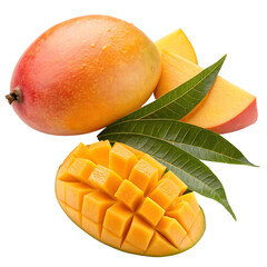 Fototapeta premium ripe mango and slices isolated with leaves