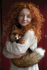 Rudowłosa dziewczyna z czerwonym lisem, portret