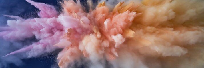 Fototapeta premium A vibrant explosion of pastel colored powder clouds captured in dynamic motion against a blue backdrop.