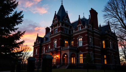 Fototapeta premium Gothic mansion silhouette at sunset, dramatic atmosphere, architectural design, warm colors, copy space