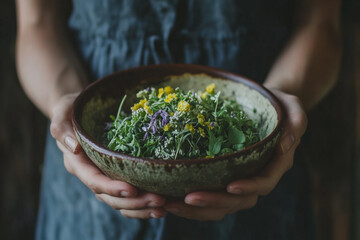 Hands holding a rustic bowl of fresh herbs and flowers, herbal medicine concept