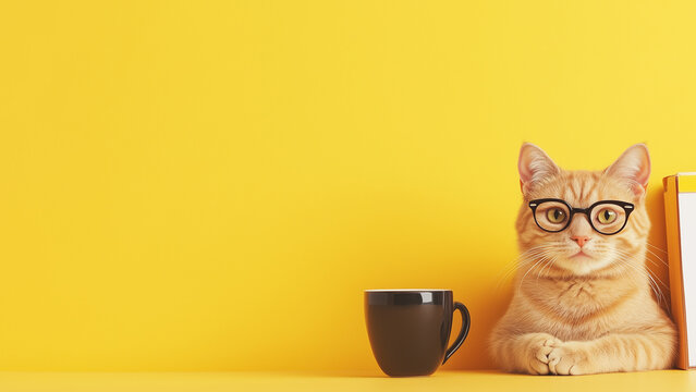 Funny cat wearing glasses sitting next to coffee mug on vibrant yellow background with copy space