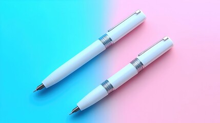 Two Elegant White Pens on a Pastel Blue and Pink Background