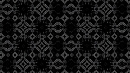  creepy atmosphere. Diamond seamless pattern featuring an ikat geometric folklore ornament in dark tones. Aztec-style folk embroidery and tribal ethnic vector texture