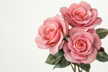 Soft pastel pink roses with green leaves on white background, exuding elegance