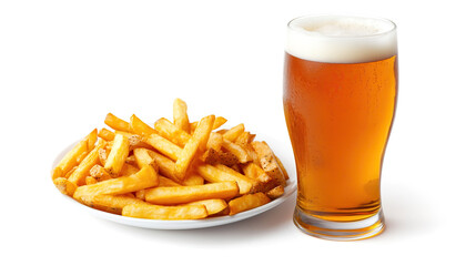 glass of beer and plate of french fries isolated on white background	

