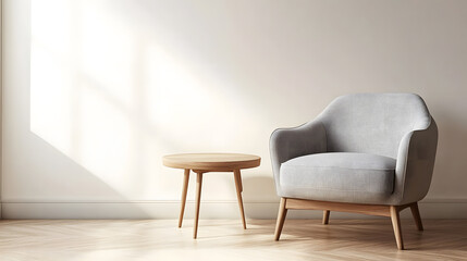 Modern sitting area with a simple chair and table with copy space, 3d rendering