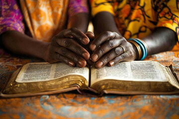 Two diverse hands clasped over an open book, vibrant fabric clothing in the background