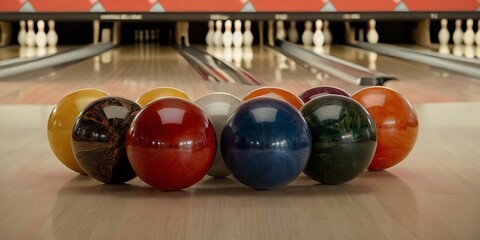bowling ball at the front of a pins with many other bowling balls,ball, sport, competition, front, game, hit, many, pin, recreation, round, strike, bowling, throw, lane, other, spare, toss, 456