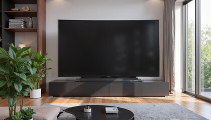 Fototapeta premium Photorealistic curved 3D TV mockup on minimalist TV stand, soft natural lighting, modern living room presentation with a focus on sleek design and metallic finish