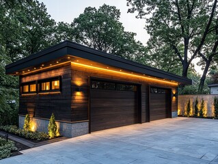 Obraz premium Modern Garage with Warm Lighting: A sleek, modern garage with a double-door entrance is illuminated by warm lighting, creating a welcoming and inviting atmosphere.