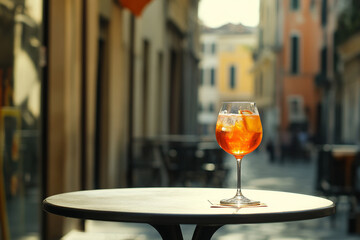 A glass of Aperol Spritz on an outdoor café table in a sunny street with copy space 