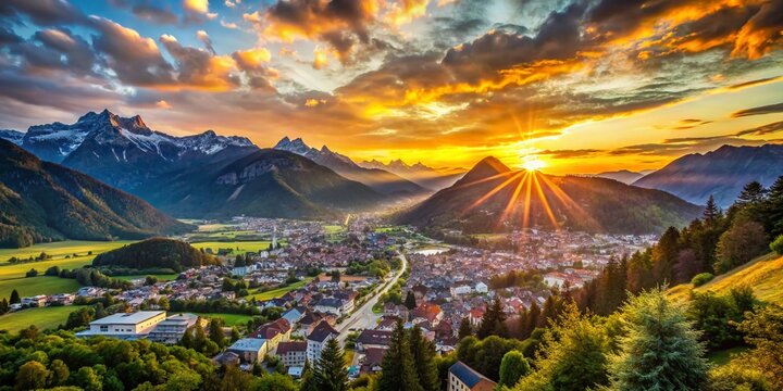 Panoramic View of Bludenz, Austria: Cityscape from Mountaintop at Sunset
