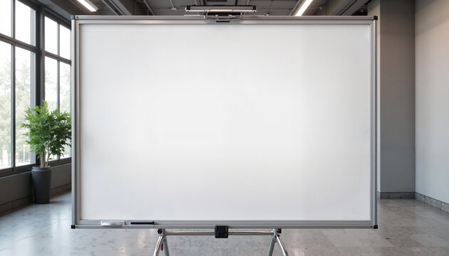 Photorealistic flipchart mockup with matte white surface on metal stand, soft natural lighting, professional presentation in a modern office setting with copy space