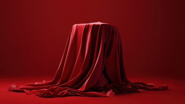 Red velvet draped pedestal, studio, mystery reveal