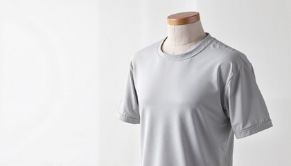 Photorealistic round neck T-shirt mockup on mannequin, soft natural lighting, minimalist presentation against a clean white background with copy space