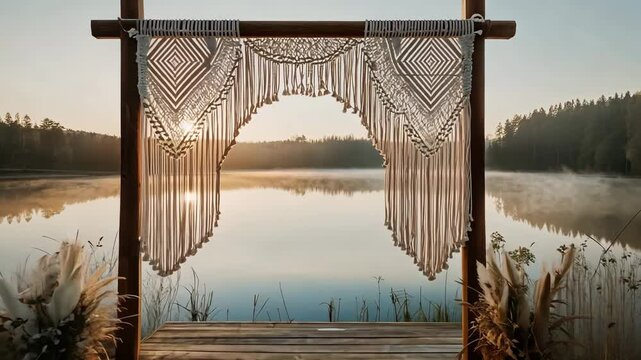 A decorated wedding arch in boho style overlooking a calm lake during sunset, mist rising from the water and trees in the background