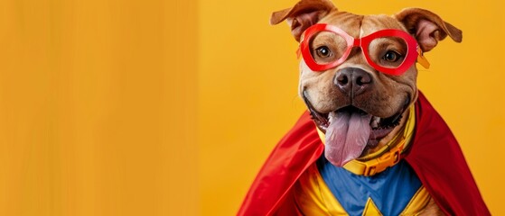 Fun dog in superhero costume with red glasses on yellow background. Great for children's books, themed events and pet product advertising.