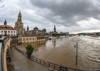 Fototapeta premium Panoramic View of Dresden Flood, Elbe River Overflowing