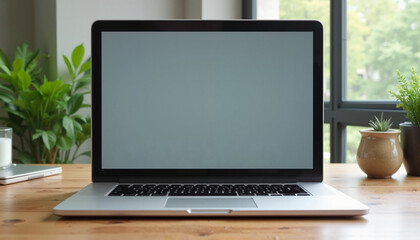 Fototapeta premium Photorealistic Laptop Mockup with Transparent Screen, Sleek Design on Wooden Desk, Blurred Background 