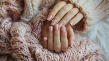Woman's hands with neat manicure in a warm sweater. Ideal for articles about nail care, beauty blogs, advertising of cosmetic salons.