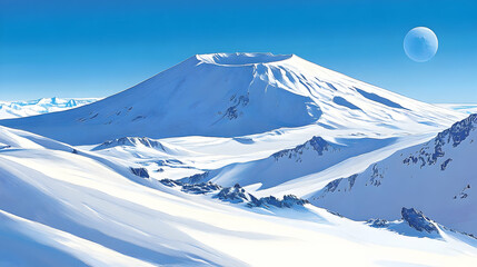 Antarctic volcano, daytime landscape, moon