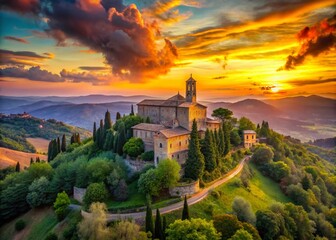 Fototapeta premium Panoramic View of Italian Monastery at Sunset, Tuscan Hilltop Landscape