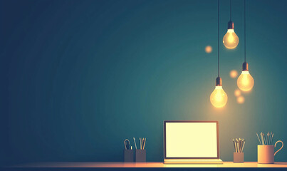 A cozy workspace featuring a laptop and hanging light bulbs against a dark blue wall, enhancing a warm, inviting atmosphere.