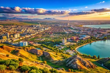Fototapeta premium Panoramic View of Makhachkala, Dagestan from Tarki-Tau Mountain, Ak-Gol Lake