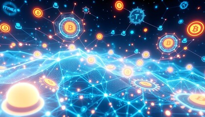 Fototapeta premium A digital ecosystem with decentralized nodes, digital coins, and various financial platforms interconnected in a futuristic digital landscape