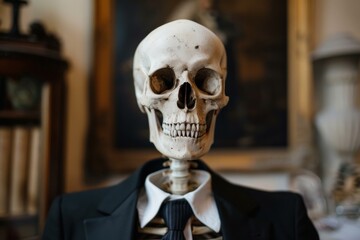 Skeleton with skull and bones wearing formal business attire, conveying themes of mortality, halloween, and the macabre