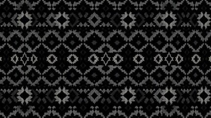  creepy atmosphere. Diamond seamless pattern featuring an ikat geometric folklore ornament in dark tones. Aztec-style folk embroidery and tribal ethnic vector texture