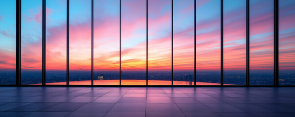 Fototapeta premium A panoramic view of the cityscape with vibrant pink and blue hues of the sunset reflecting on sleek glass panels.