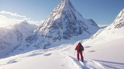 Skier ascends snowy peak, sunrise, mountains