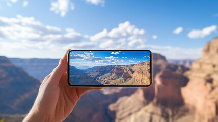 A stunning perspective of a canyon landscape displayed on a phone, blending technology with nature&rsquo;s beauty.