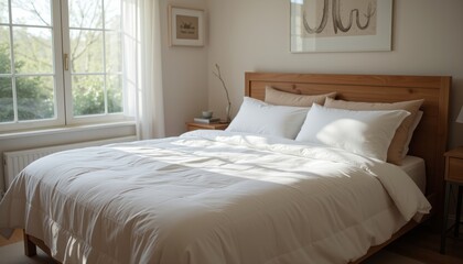 Bright cozy bedroom with white bed and wooden furniture.