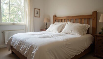 Bright cozy bedroom with white bed and wooden furniture.