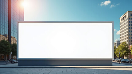 Large horizontal white blank advertising poster billboard banner mockup in front of building in downtown, white digital light box display screen