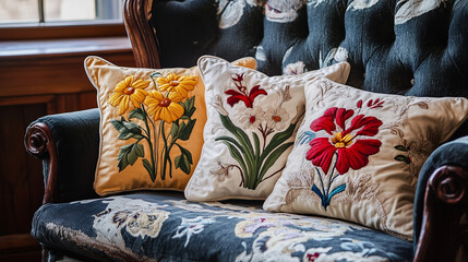 A collection of hand-sewn cushions featuring embroidered daffodils, leeks, and Welsh dragons, arranged on a vintage armchair