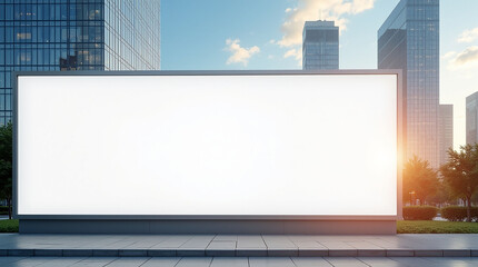 Large horizontal white blank advertising poster billboard banner mockup in front of building in downtown, white digital light box display screen