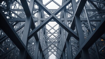 Intricate Steel Structure with Intersecting Beams and Modern Architectural Design Captured in a Wide Shot Perspective