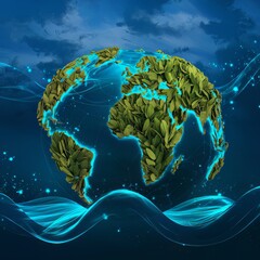 Sustainability Conceptual Illustration of a Globe with Digital Blue Waves and Leaves